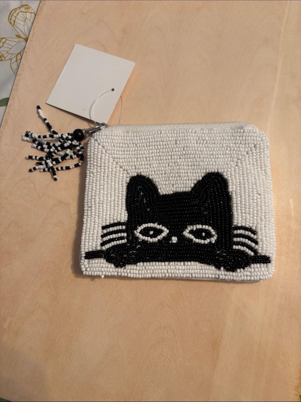 Beaded Cat Mini Zip Pouch - White and Black